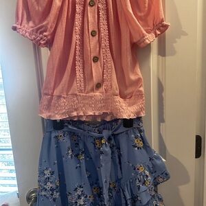 NEW Girls Boho Off-Shoulder Pink Top & Floral Blue Ruffle Skirt Set Size XL (16)